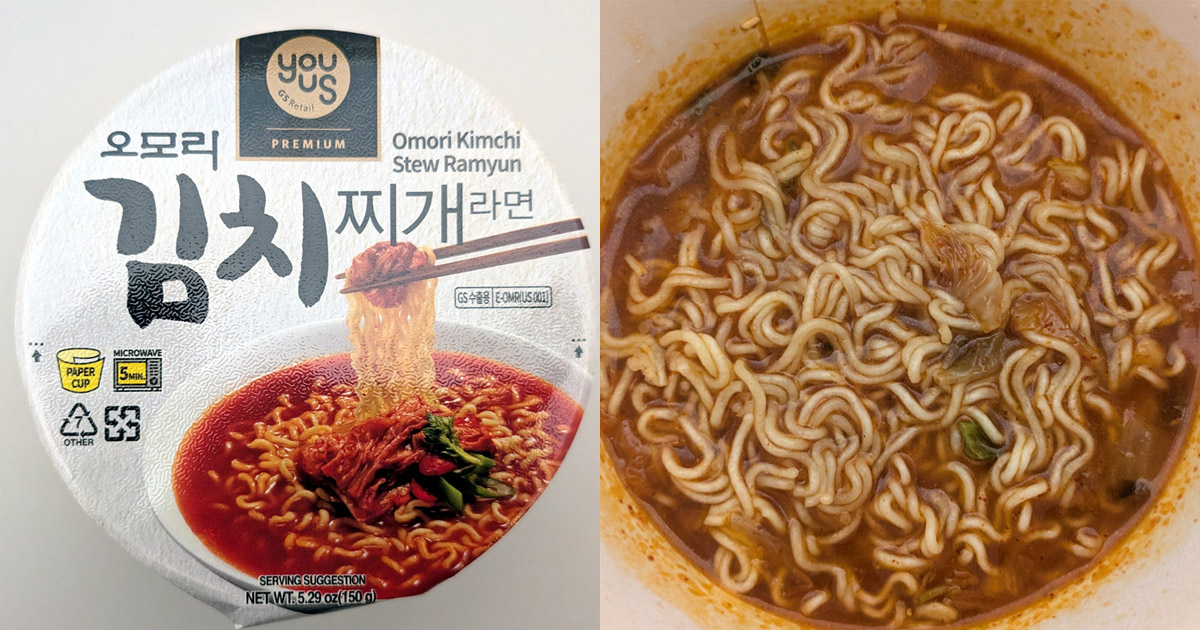 オモリキムチラーメンのパッケージ写真と調理した中身